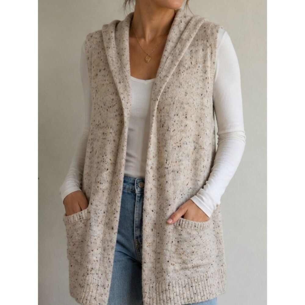 Peyton Primrose Hooded Sweater Vest Women’s Small Cream Speckled Knit Open Front